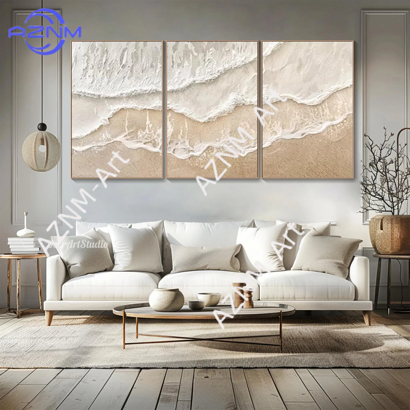 Resin Art On Canvas - 1/3Pcs Textured Beige Coastal Wall Art